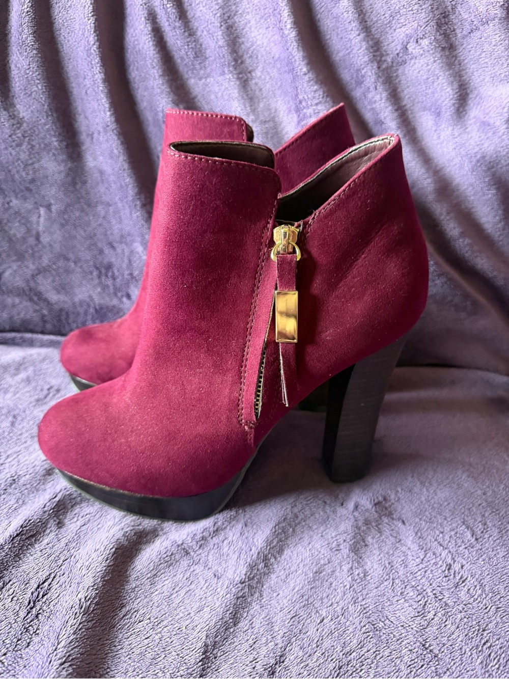 Aldo Wine Suede Platform Ankle Booties with Gold Zip